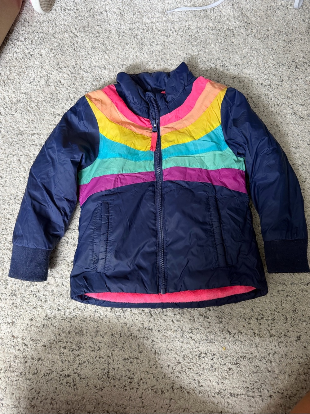 Cat & Jack Navy Puffer Jacket with Rainbow Stripes And navy girls size 3